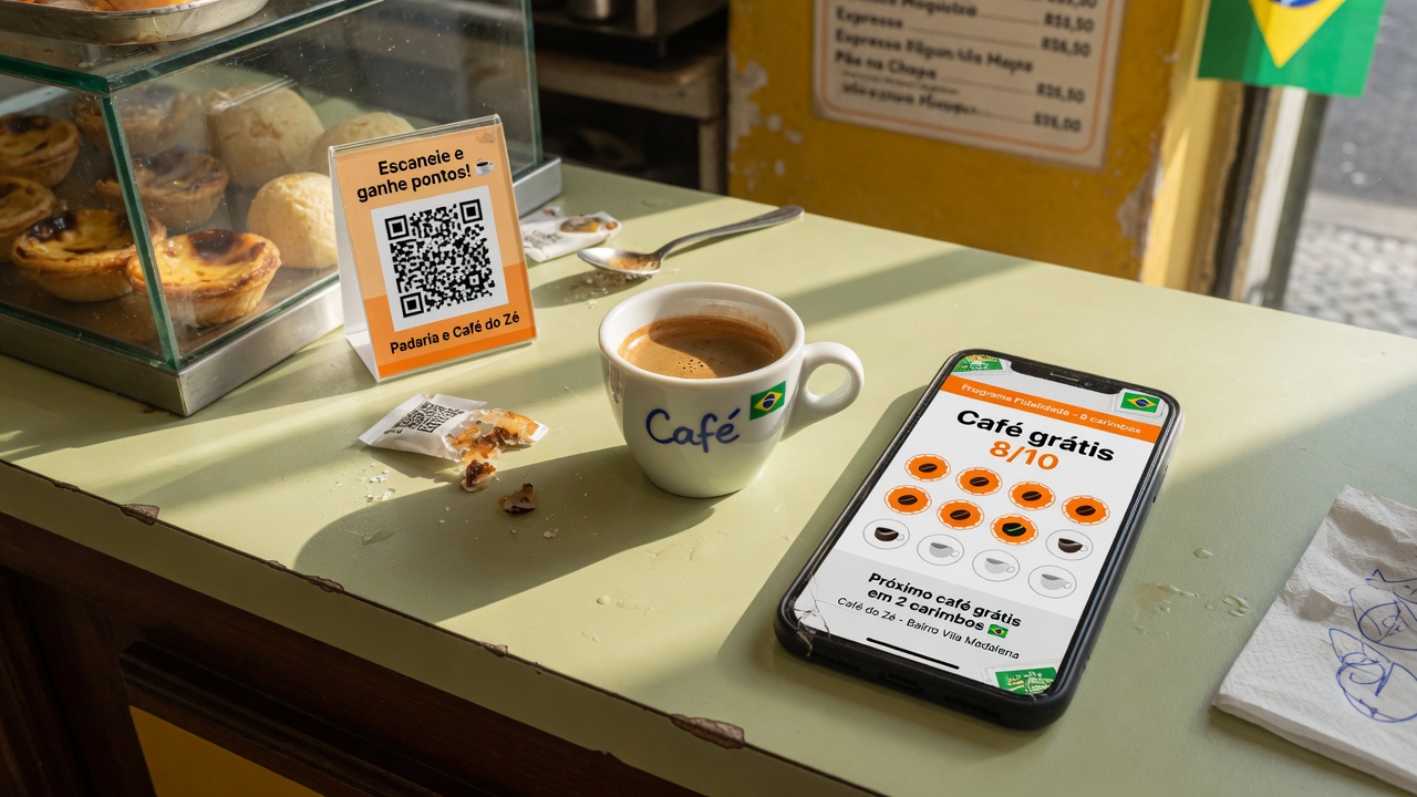 Copo no balcão de café com o passe no celular